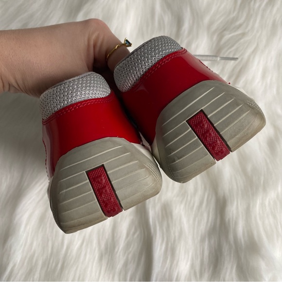 Prada America’s Cup Red Patent Leather & Silver Mesh Lace-Up Men’s Sneakers - Picture 5 of 16